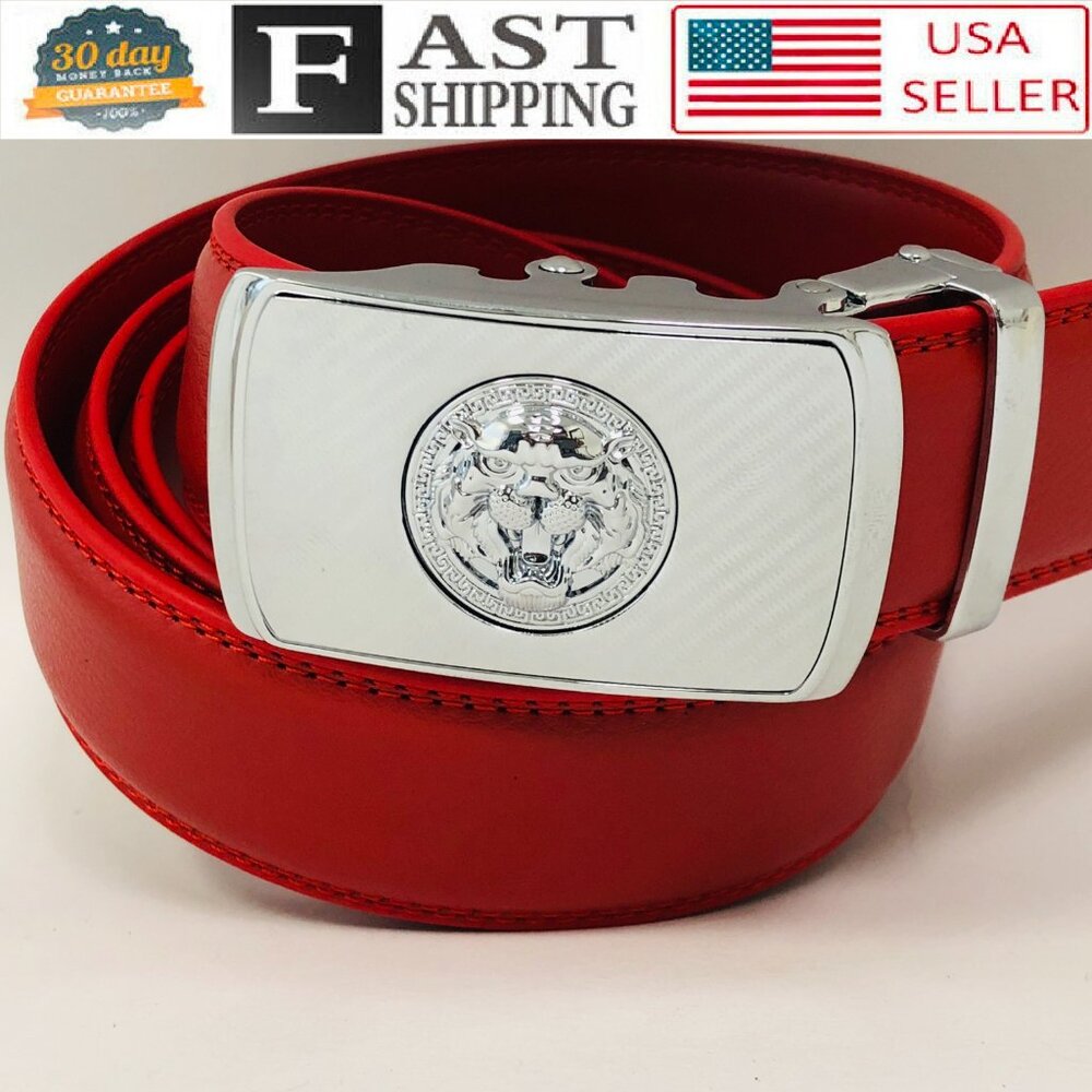 Red Belt Men’s Women Genuine Leather Ratchet Dress Belt With Automatic Buckle
